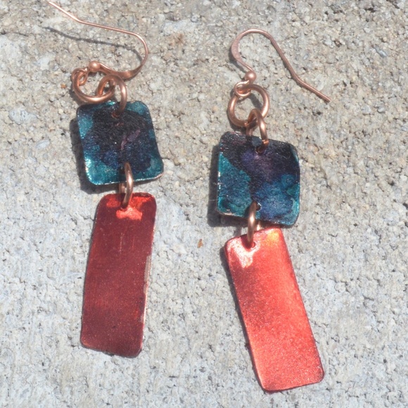 Modernist Abstract Geometric Red Blue Dangle Pure Copper Earrings Handmade Drop - Picture 4 of 5